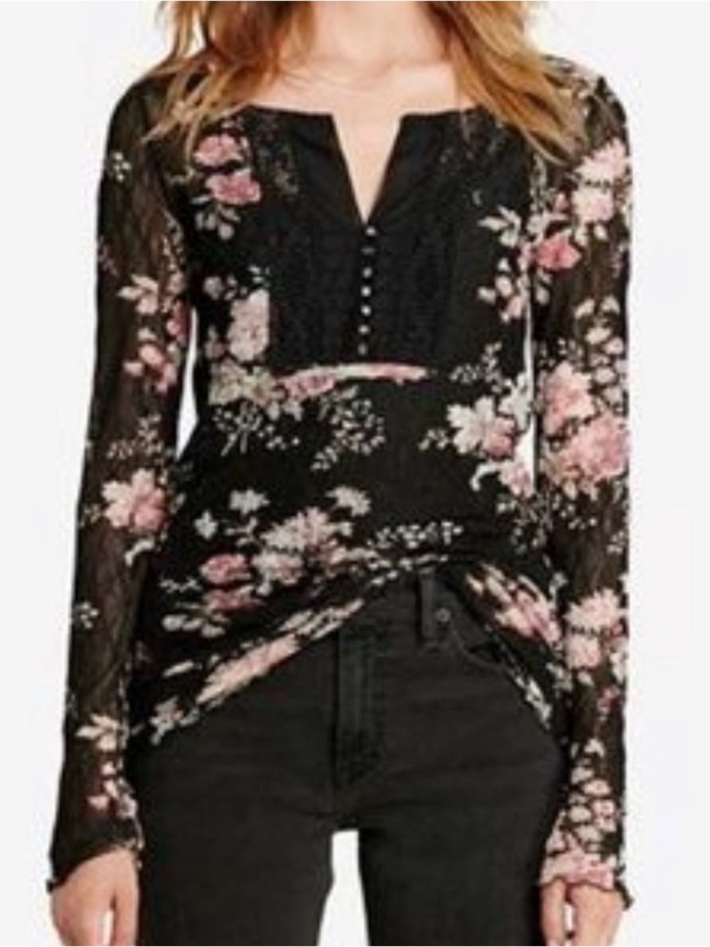 Denim & Supply Ralph Lauren Sheer Lace Mesh Cottage Floral Long Sleeve Henley M